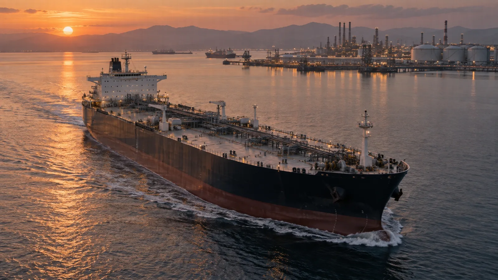 AI-generated illustration of a tanker approaching an industrial port