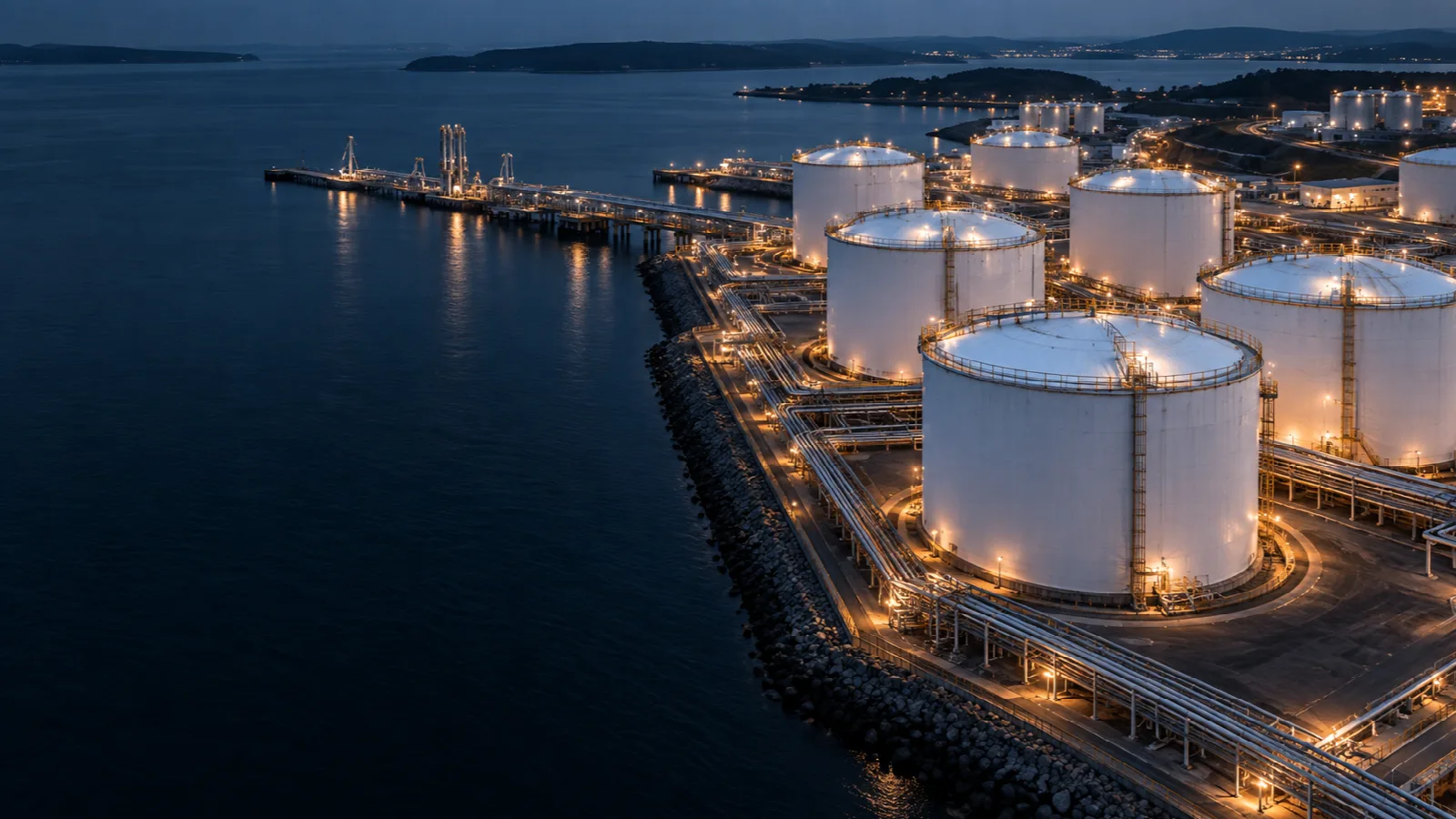 AI-generated illustration of a liquid bulk terminal beside water